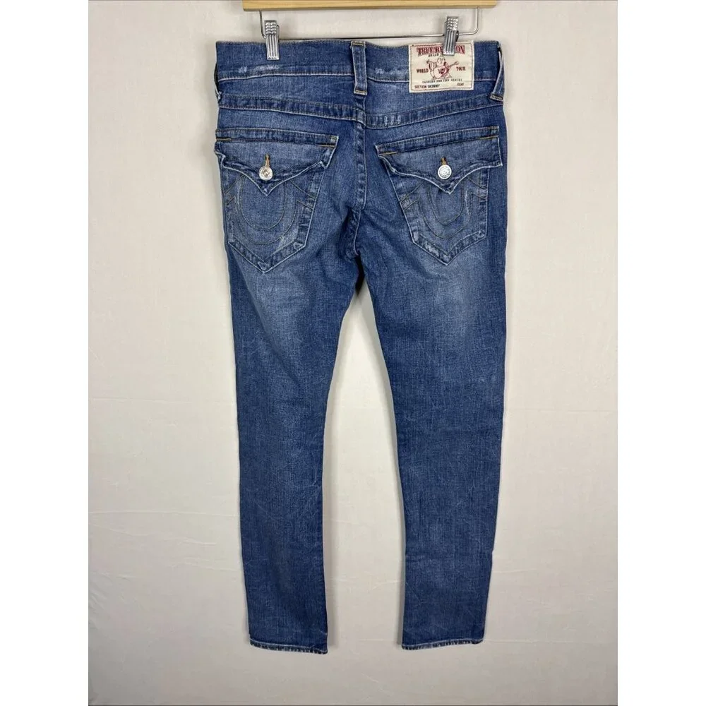 True Religion Section Skinny Jeans Blue Orange‎ Stitch Red Flap Mens 30x34
